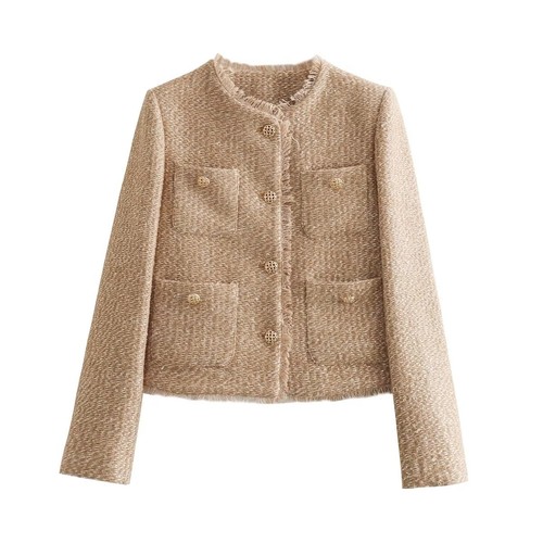 Damen Kamel Taschen Tweed Schleife ausgefranste geknöpfte Langarm Jacke Blazer - Bild 18 von 24