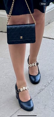 Chanel 24A Metiers D'art Black Leather Mary Jane Heels with Gold