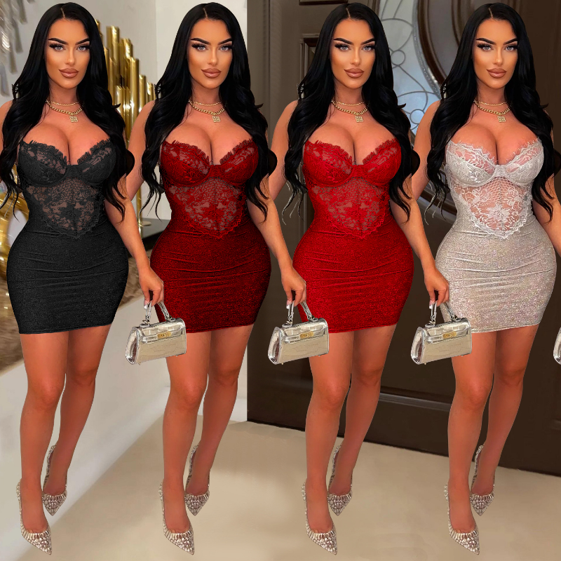 Women's Sexy Backless Lace Mesh Low Cut Spaghetti Strap Dress Bodycon Club  Dress