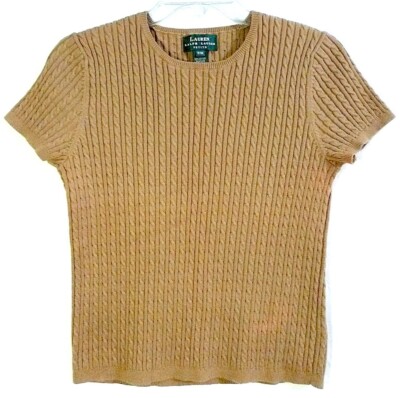 Lauren Ralph Lauren Petite Light Brown Short Sleeve Cable Knit Top size Medium