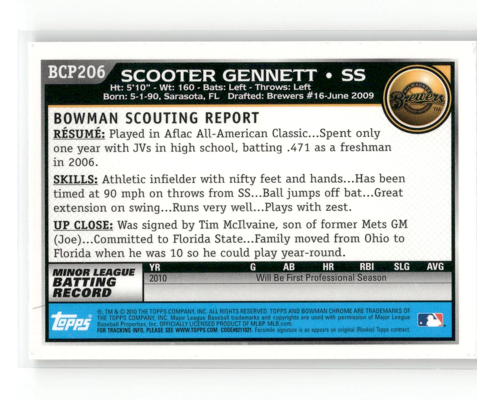 SCOOTER GENNETT 1st Bowman Chrome Card 2010 Bowman Chrome #BCP206 Brewers Reds - Image 4 of 4