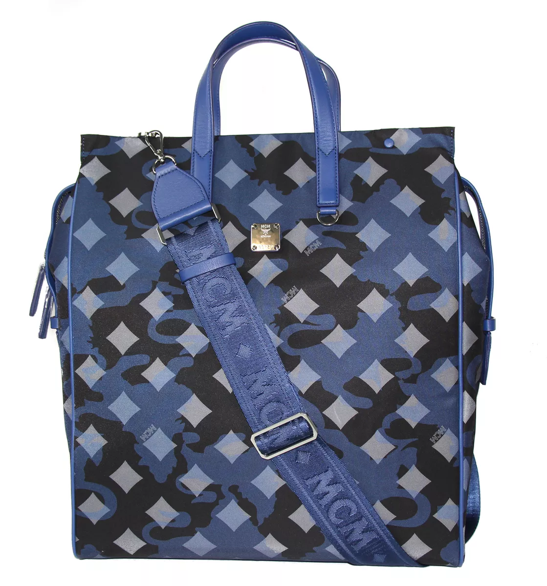 NEW MCM Visetos Nylon Top Zip Tote, Estate Blue