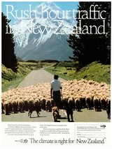 1989 New Zealand Rush Hour Sheep Herder Tourism Vintage Print Advertisement
