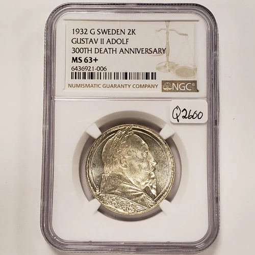 1932-G Sweden 2 Kronor .3858 ASW - Death Gustav Adolf - NGC MS 63+ - SKU-Q2600