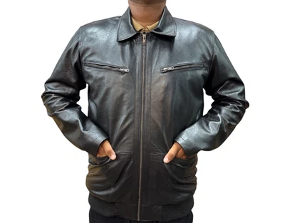 Blouson de motard bombardier en cuir d'agneau véritable pour homme noir élégant - Photo 1/4