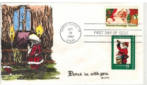MILLE HANDPAINTED FDC 1983 CHRISTMAS DUAL STAMPS SANTA CLAUS INDIANA