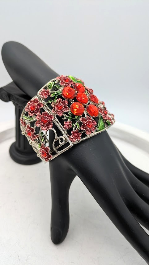 Red Rhinestone Cuff Bracelet Silver Floral - image 1