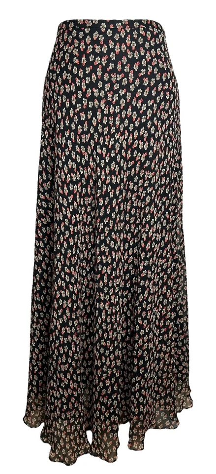 Falda midi de seda Charter Club 16 negra rosa Ditsy floral Cottagecore Grunge Boho Foto 3 de 4