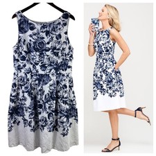 Talbots Dress Sundress 16 XL 1X Floral Roses Navy Blue White Slvlss Elegant ww