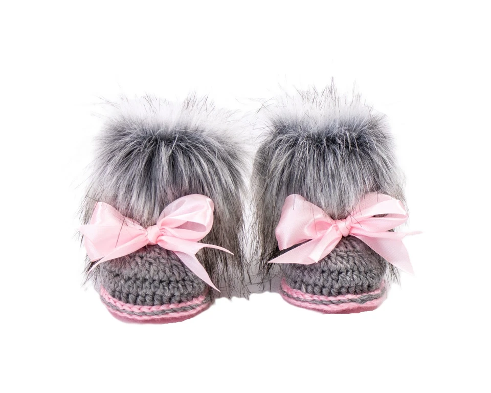Bebé Niña Botines Piel Sintética Gris y Rosa, Zapatos Niña Recién Nacida, Botines Crochet Foto 2 de 4