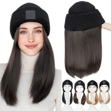 Knitted Hat Wig Knit Winter Hat With 12 Inch Hair Wig Synthetic Straight Hair US