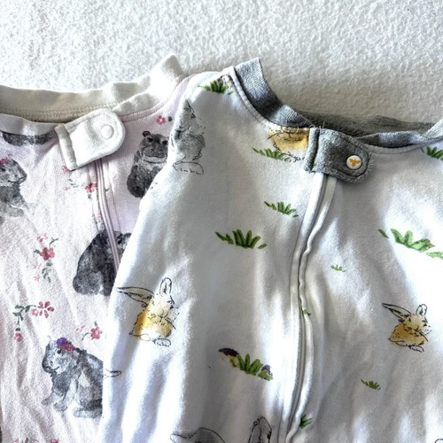 Burts Bees 3-6 Months Set of 2 Organic Cotton Hippos Bunny Zipper Footed Sleeper