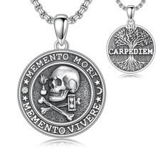 Memento Mori Necklace 925 Sterling Silver Skull Pendant Hourglass Memento Mor...