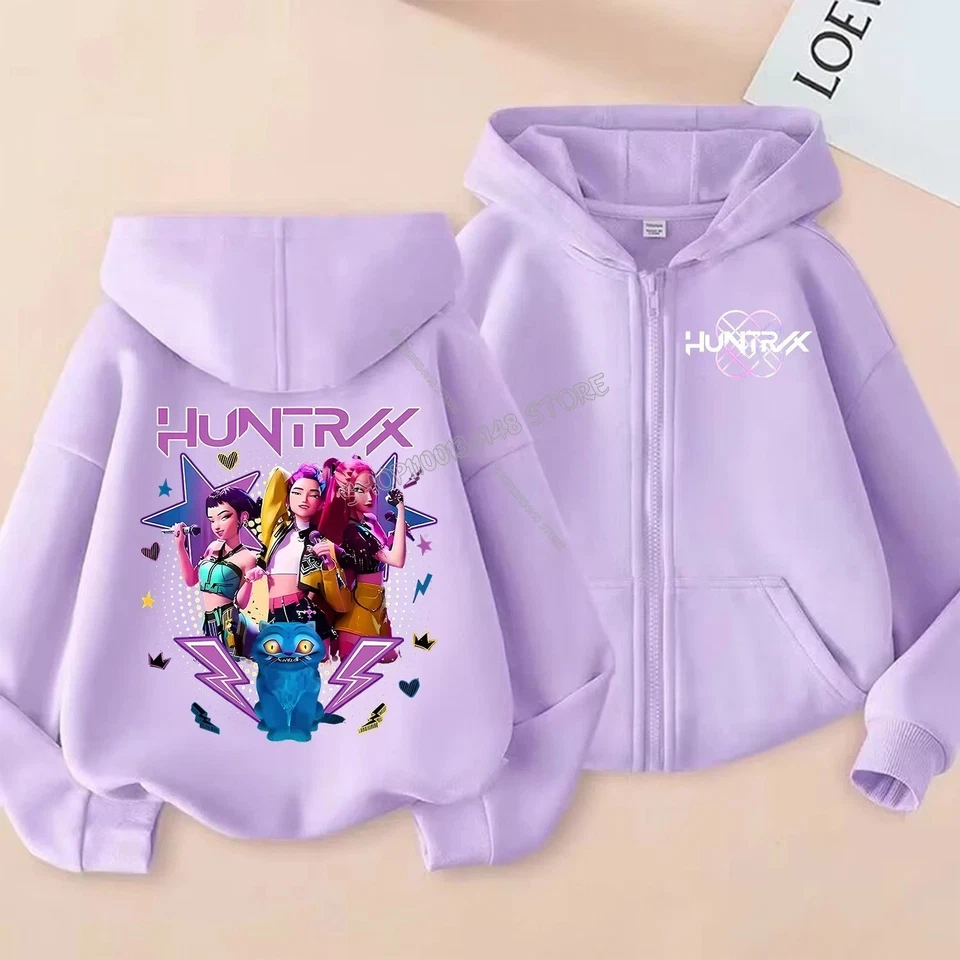 DISNEY K-Pop Demon Hunters Kids Zipper Hoodie Anime Girls Jacket Purple Autumn Coat