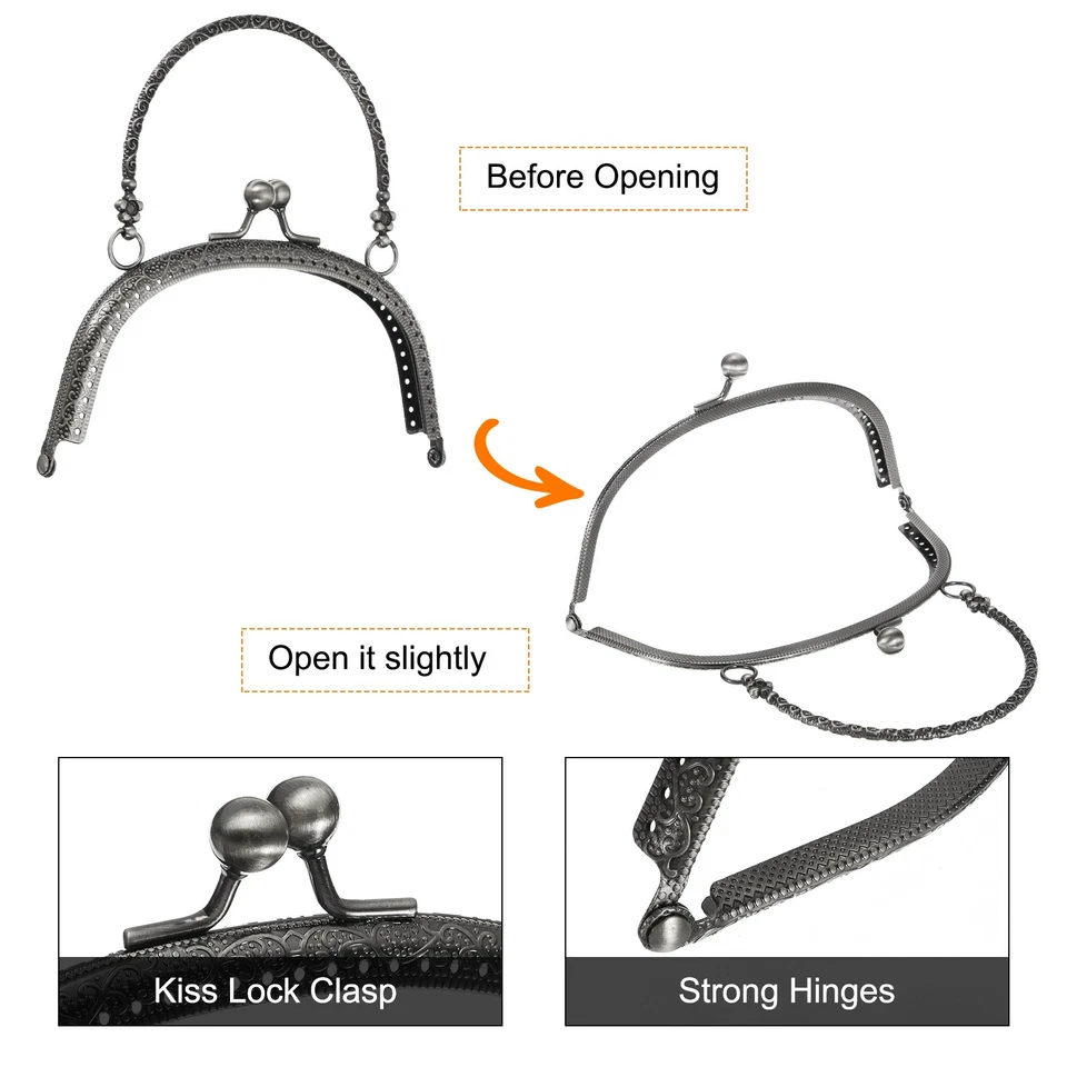 Metall Geldbörse Rahmen, 6,5" Retro Bogen Kiss Lock Verschluss Rahmen geprägt, grau - Bild 3 von 4