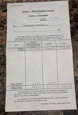 Shell Provident Fund Annual Statement April 1945 Agustas H. Wolfamott