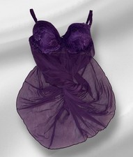 Tracy Purple Shiny Silky Sheer Embroidery Lace Trim Nightie Nightgown Womens 40C