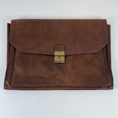 Salamander France Men's Brown Leather Portfolio Briefcase Bag Brass Handle Italy