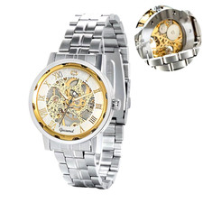 Men Automatic Mechanical Skeleton Watch Stainless Steel Band Without Battery New