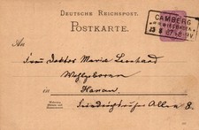 Deutsches Reich, Postkarte Camberg b. Wiesbaden nach Hanau, 1887