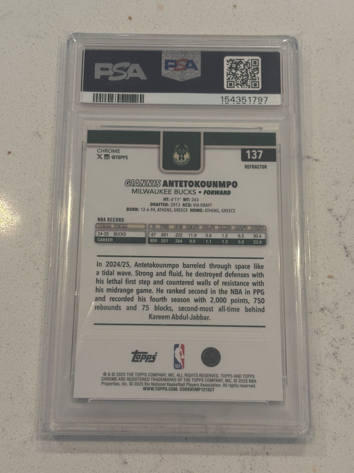2025 Topps Chrome Giannis Antetokounmpo #137 Refractor PSA9 view 2