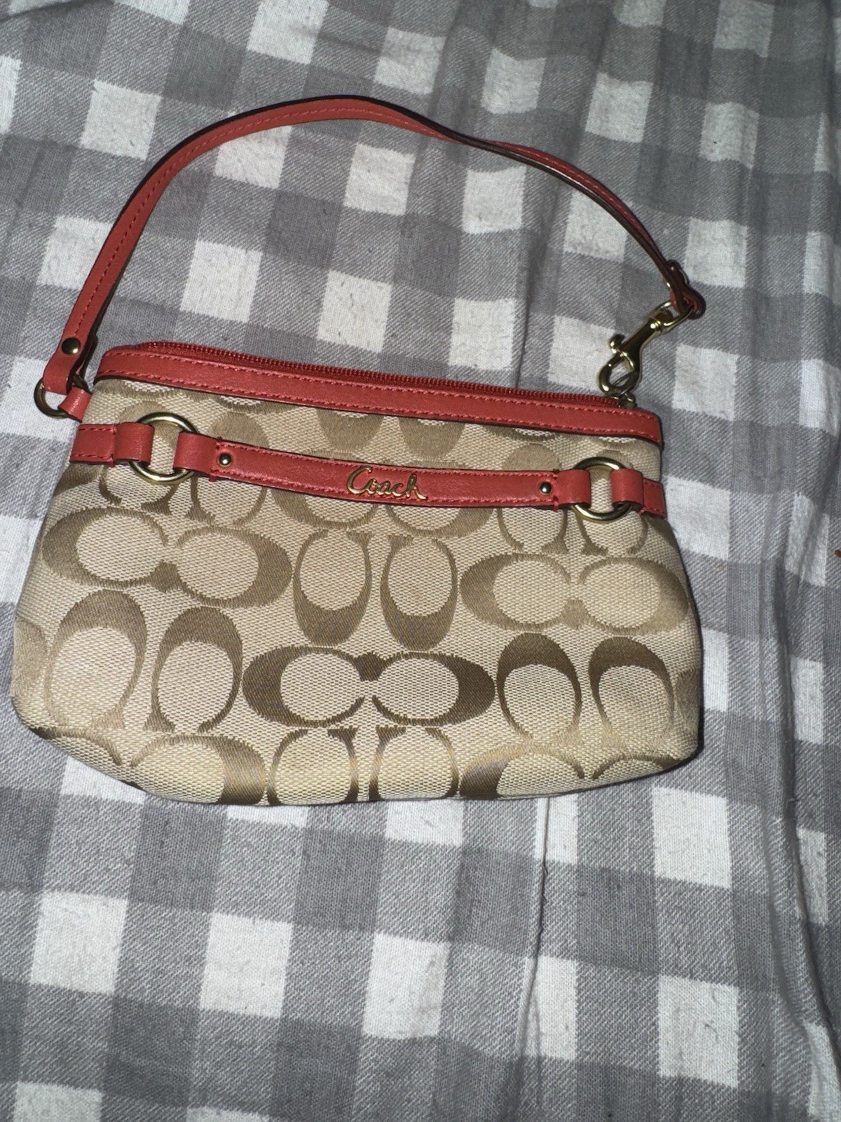 Vintage Coach Tan Signature Canvas Wristlet with Orange Trim