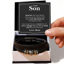 To My Son Bracelet Leather from Mom, Mother and Son Birthday Inspirational Gift