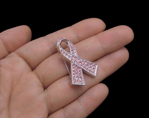 CRYSTAL PINK RIBBON BOW BREAST CANCER AWARENESS BROOCH PIN SILVER GOLD TONE - Picture 3 of 7