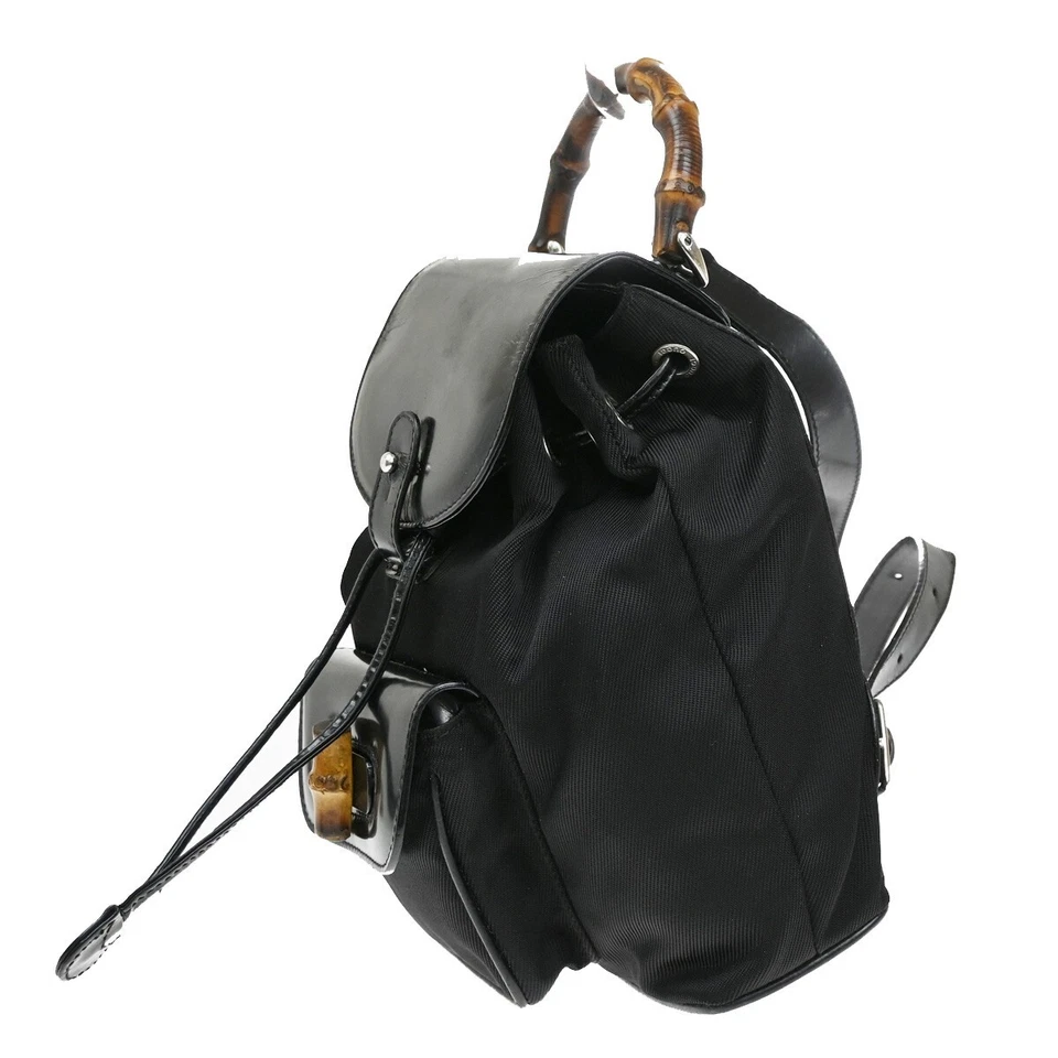 GUCCI Logo Bambú Mochila Bolso Cuero Nylon Negro Italia 04EF213 Foto 2 de 4