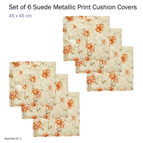Set of 6 - Faux Suede Metallic Floral Print Cushion Covers 45 x 45 cm - Picture 2 of 4