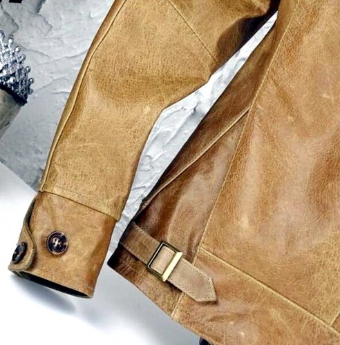 Mens Vegetable Tanned Waxed Cowhide Leather Jacket Retro American Vintage Style - Picture 7 of 15