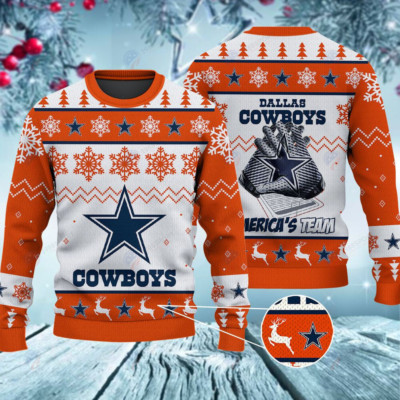Cowboys America s Team Snowflakes Orange Ugly Christmas Sweater XS-5XL