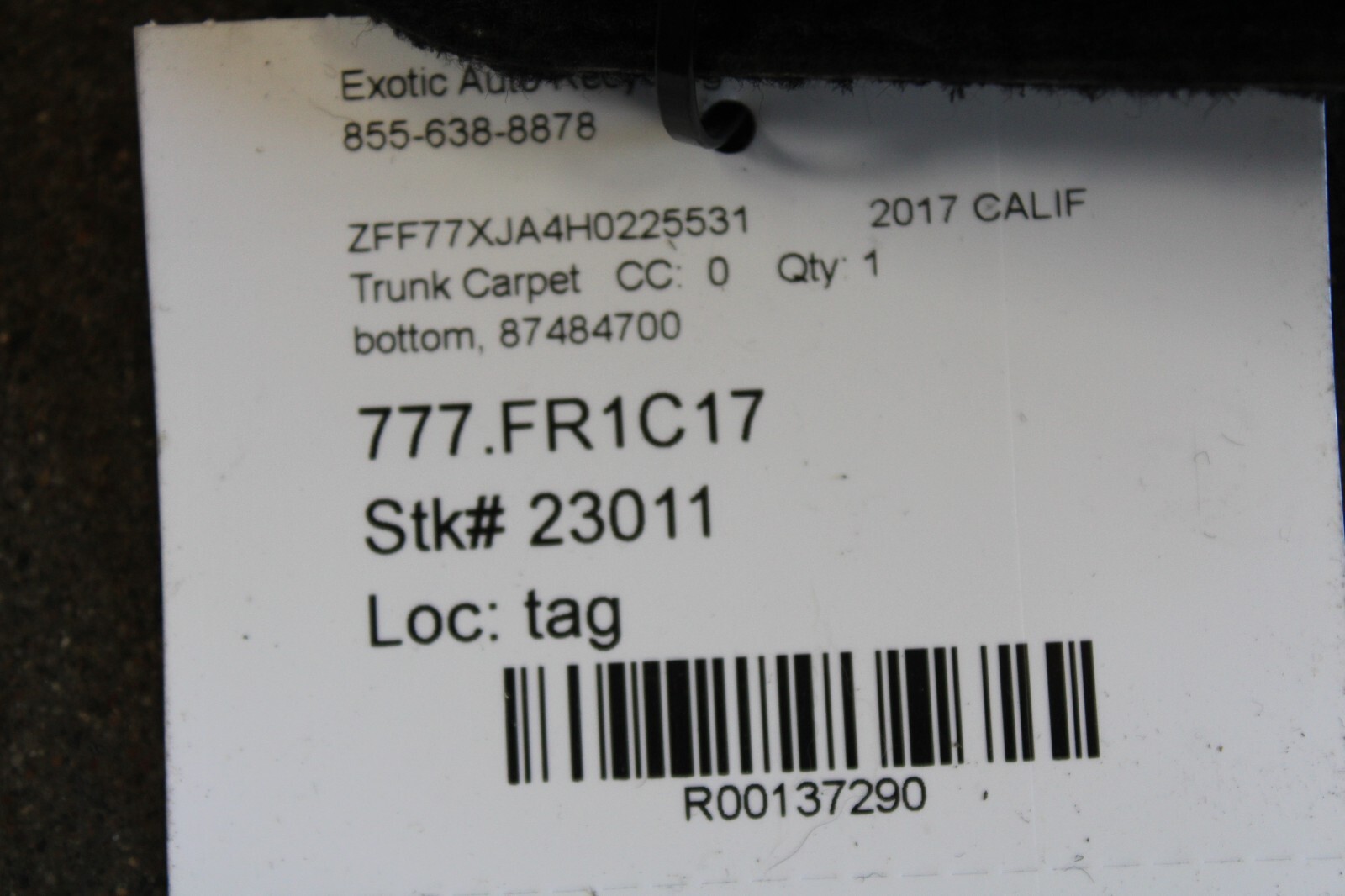 Ferrari California T, Trunk Carpet Bottom, Black, Used, P/N 87484700
