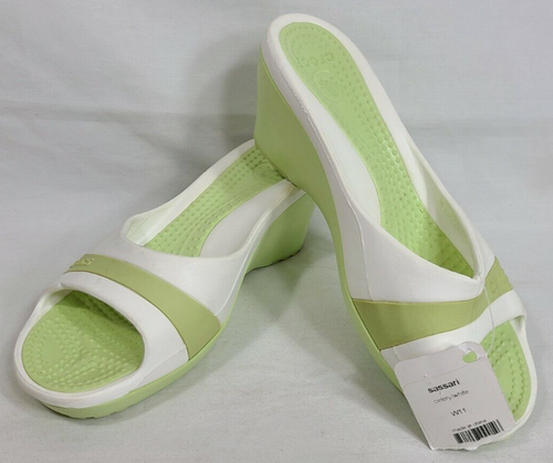 NWT Crocs Sassari Open Toe Wedge Heels Celery/White Women's Size 11