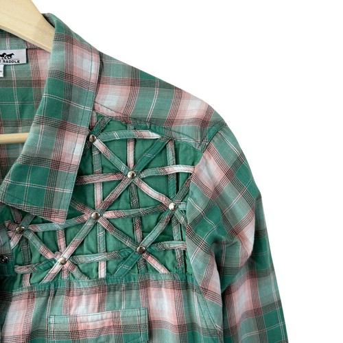 Back In The Saddle 1X Camisa a Presión Perla Western Tachuelas a Cuadros Pestañas Enrollables Para Mujer - Imagen 6 de 15