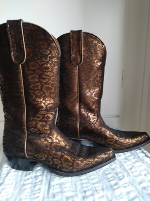 SHYANNE GOLD BROWN LEOPARD PRINT METALLIC COWBOY BOOTS $299  EU40,US9,UK 7