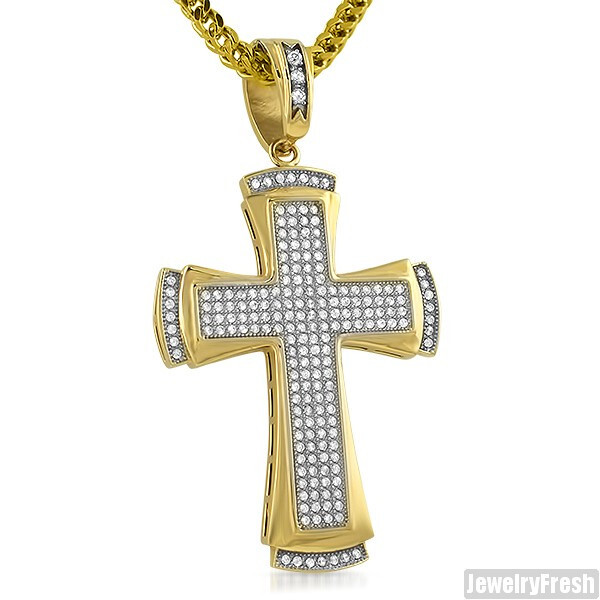 14K Gold IP Steel Classic Lab Made Iced Out Cross Pendant