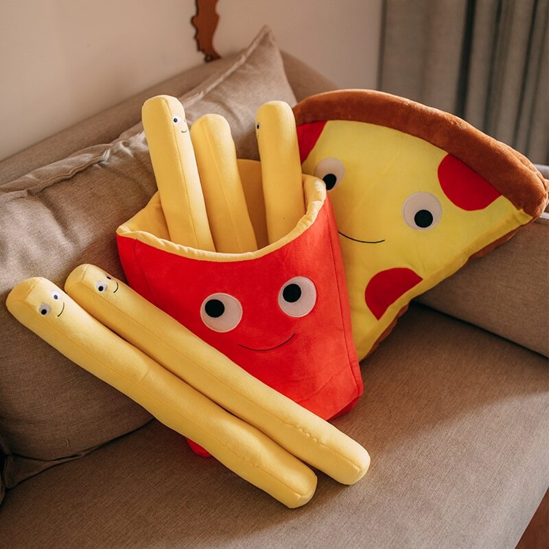 Almohada Papas fritas Pizza Juguetes de peluche Sofá de peluche Cojín trasero Juguetes para bebé Regalos de cumpleaños