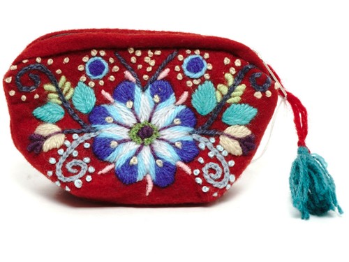 Red Wool Coin Purse Hand Embroidered with Floral Design Zipper Fits in Pocket