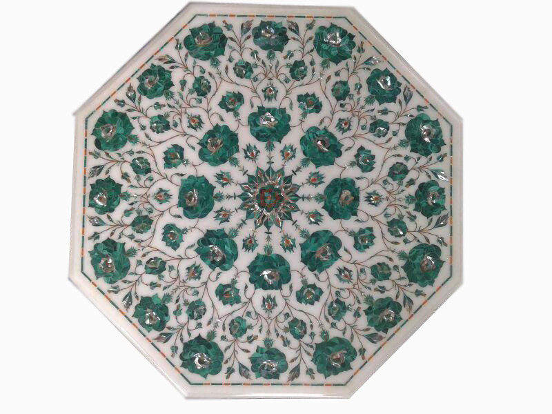 Handmade 24 Inch White Marble Malachite Pietra Dura Table Top