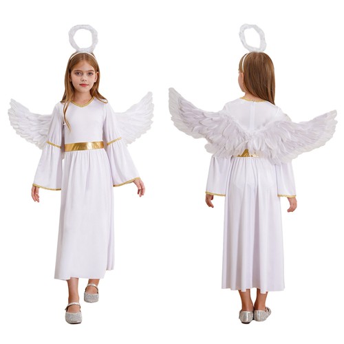 Kids Girls Angel Halloween Costume Dress with Angel Wings Headband Wand 3Pcs AU - Picture 5 of 38