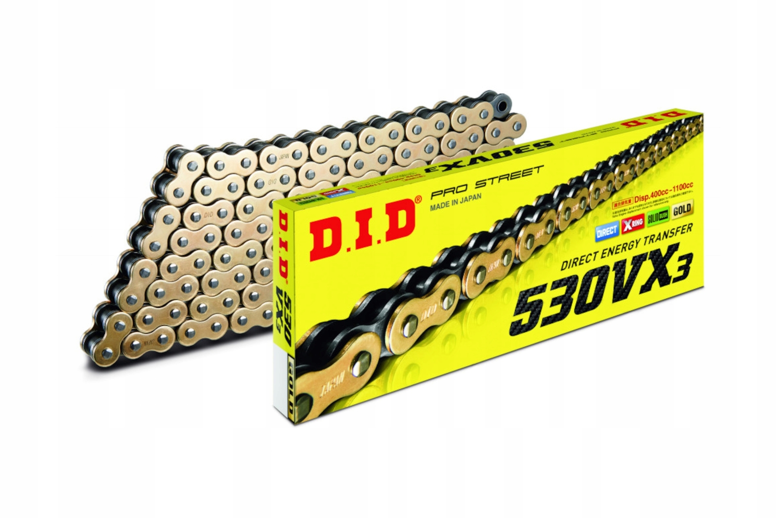 Chaîne DID 50 VX3G&B 124 maillons couleur or et noir pour moto de route