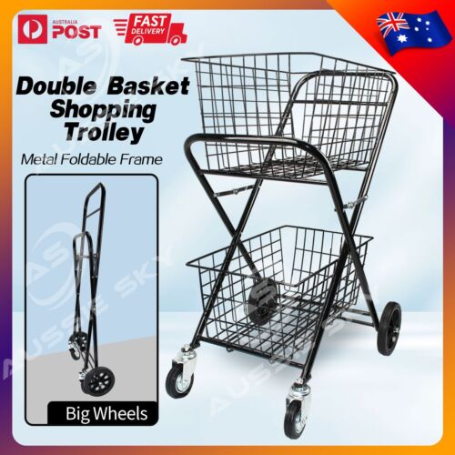 Heavy Duty Double Basket Shopping Trolley Collapsible Folding Tennis Ball Cart - Picture 1 of 6
