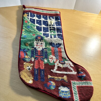 Hand Done Needlepoint Wool Christmas Stocking Nutcracker Tree Toys 11x18