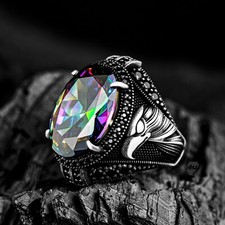 925 Sterling Silver Eagle Design Mystic Topaz Stone Men's Ring