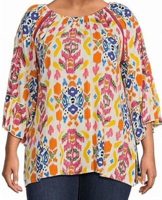 Clearance- Plus Size 2X Calessa Women's Ikat Tunic 3/4 Bell Sleeve Vibrant Print