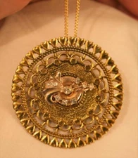 Shiny Heart Rim Furled Floral Rhinestone Inset Goldtone Swirled Necklace Brooch