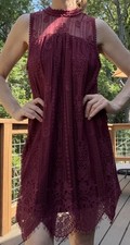 Chance or Fate Burgundy Lace Shift Dress Medium Sleeveless Eyelash Hem