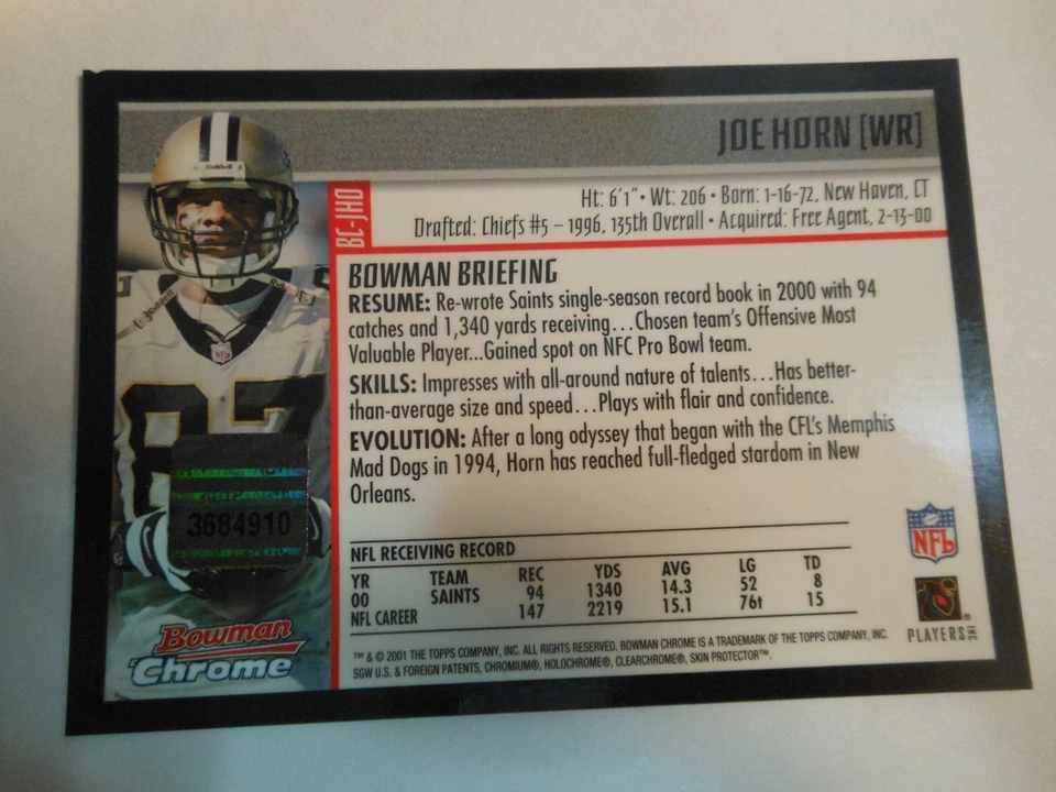 RARO 2001 Joe Horn Bowman cromo autógrafo refractor *BONITO* Foto 2 de 3