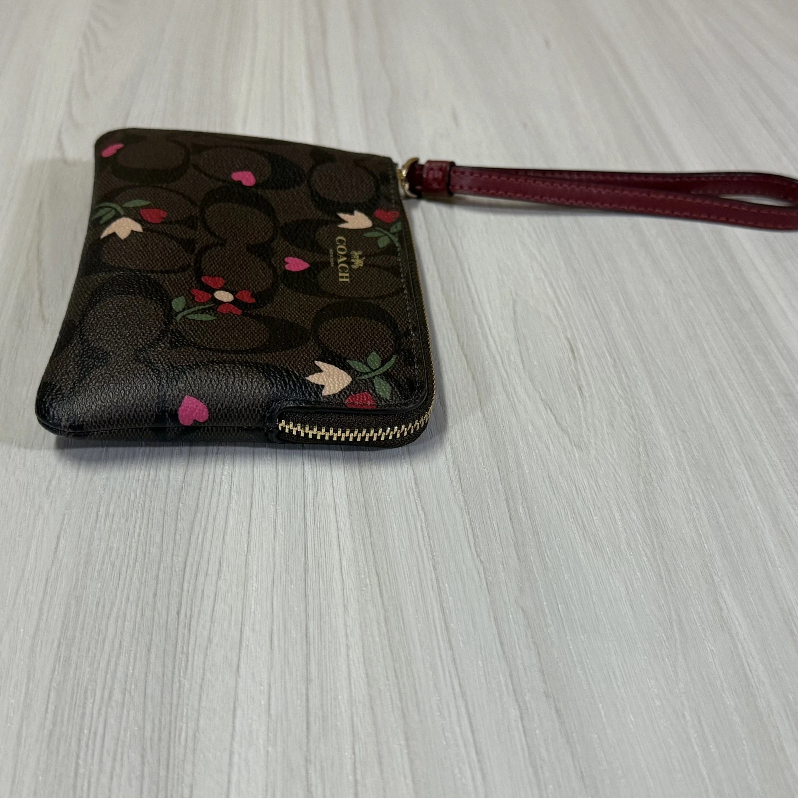 Coach Marsupio da Polso Donna Marrone Floreale Firma Tela Zip Portafoglio Borsa